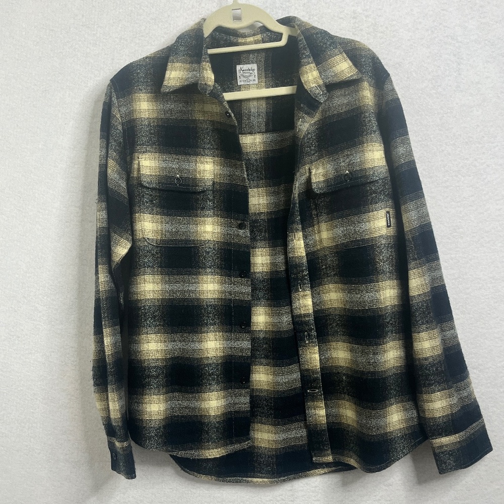 Knowledge Cotton Flannel Shirt Plaid Black Tan Button Up Heavyweight Size L
